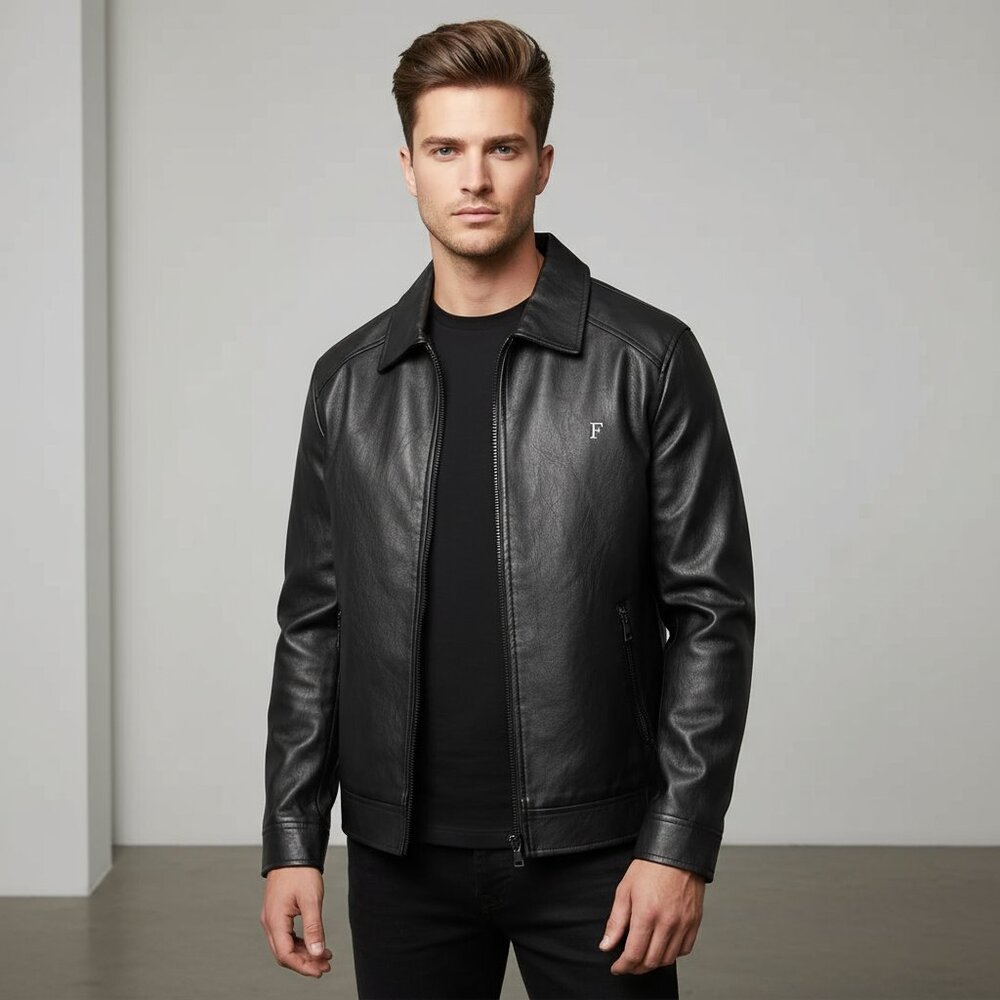 NWT F - COLLECTION black faux leather men's jacket ITALY XL / US L - Picture 3 of 12
